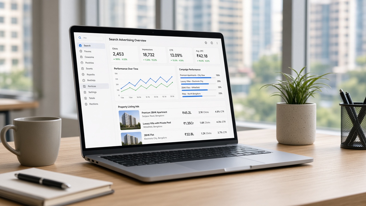 Laptop showing advertising dashboard for property campaigns