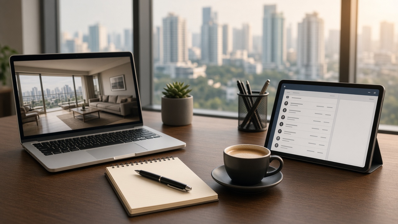 Real estate sales desk with laptop and CRM tools